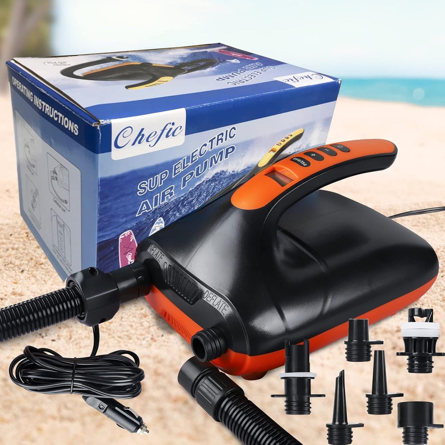 (open box) SUP Pump, Chefic 110W/ 12V SUP Electric Air Pump 20 PSI High Pressure, 2-in-1 Inflate & Deflator