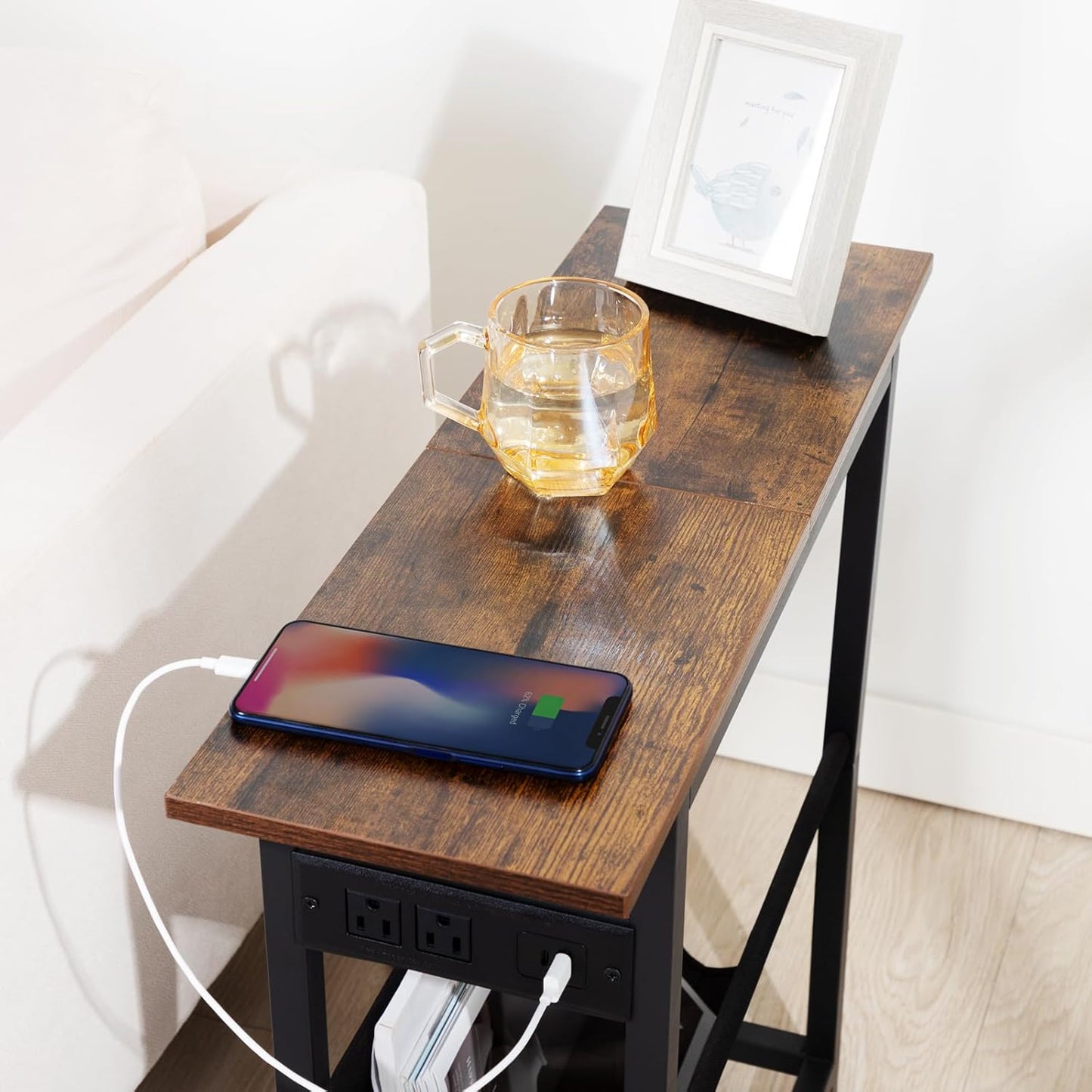 (New Open Box) Narrow Side Table Set of 2, Slim End Table with Charging Station with Magazine Holder (DS0032)