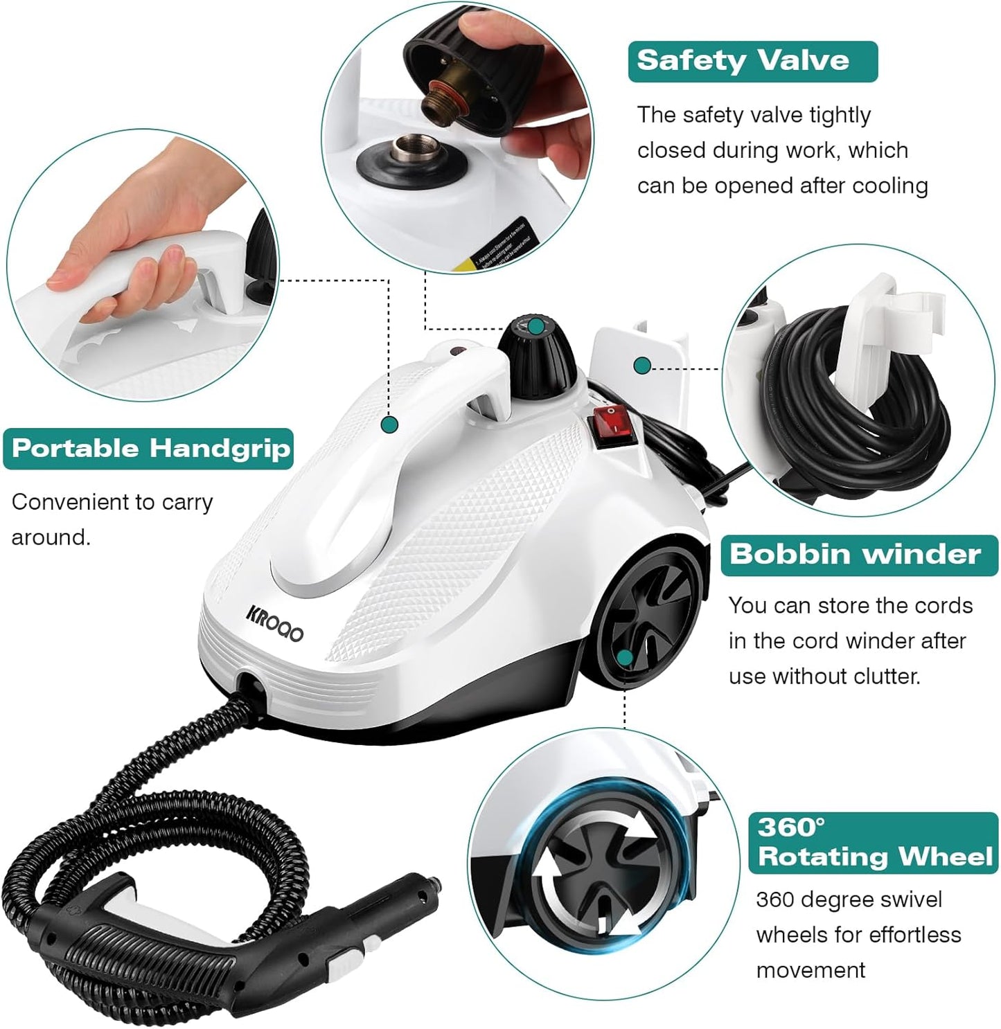 (Brand New) KROQO Steam Cleaner, Steam Mop with 23 Accessories, Powerful Multipurpose Portable Steamer for Cleaning to Remove Grime, Grease, for Multi-Purpose and Multi-Surface Floors, 16.4ft Power Cord