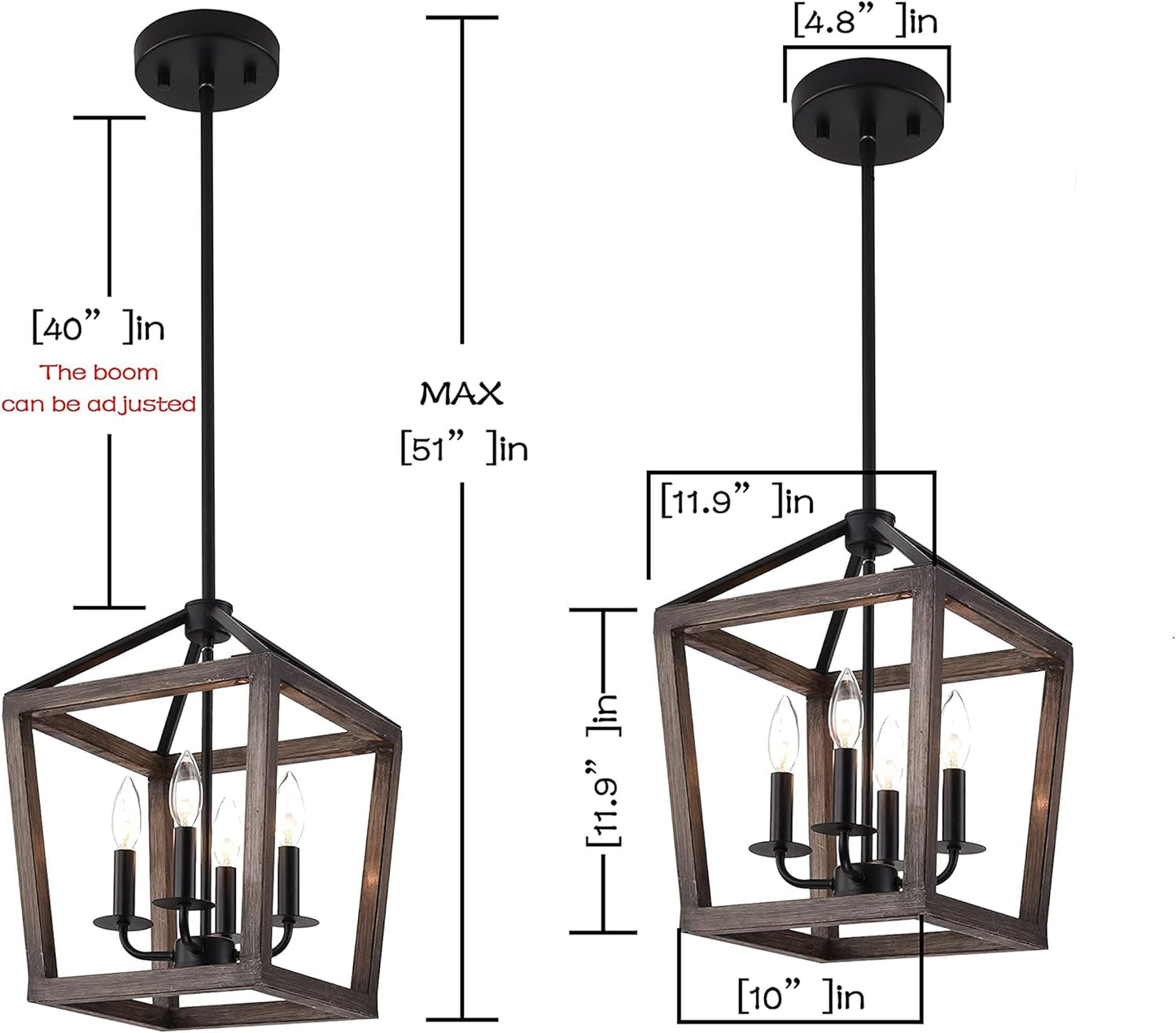 MOOK 4-bulb Chandelier Rustic Metal Pendant Light, Adjustable Height with Wood Finish