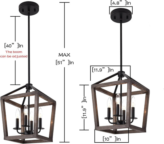 MOOK 4-bulb Chandelier Rustic Metal Pendant Light, Adjustable Height with Wood Finish
