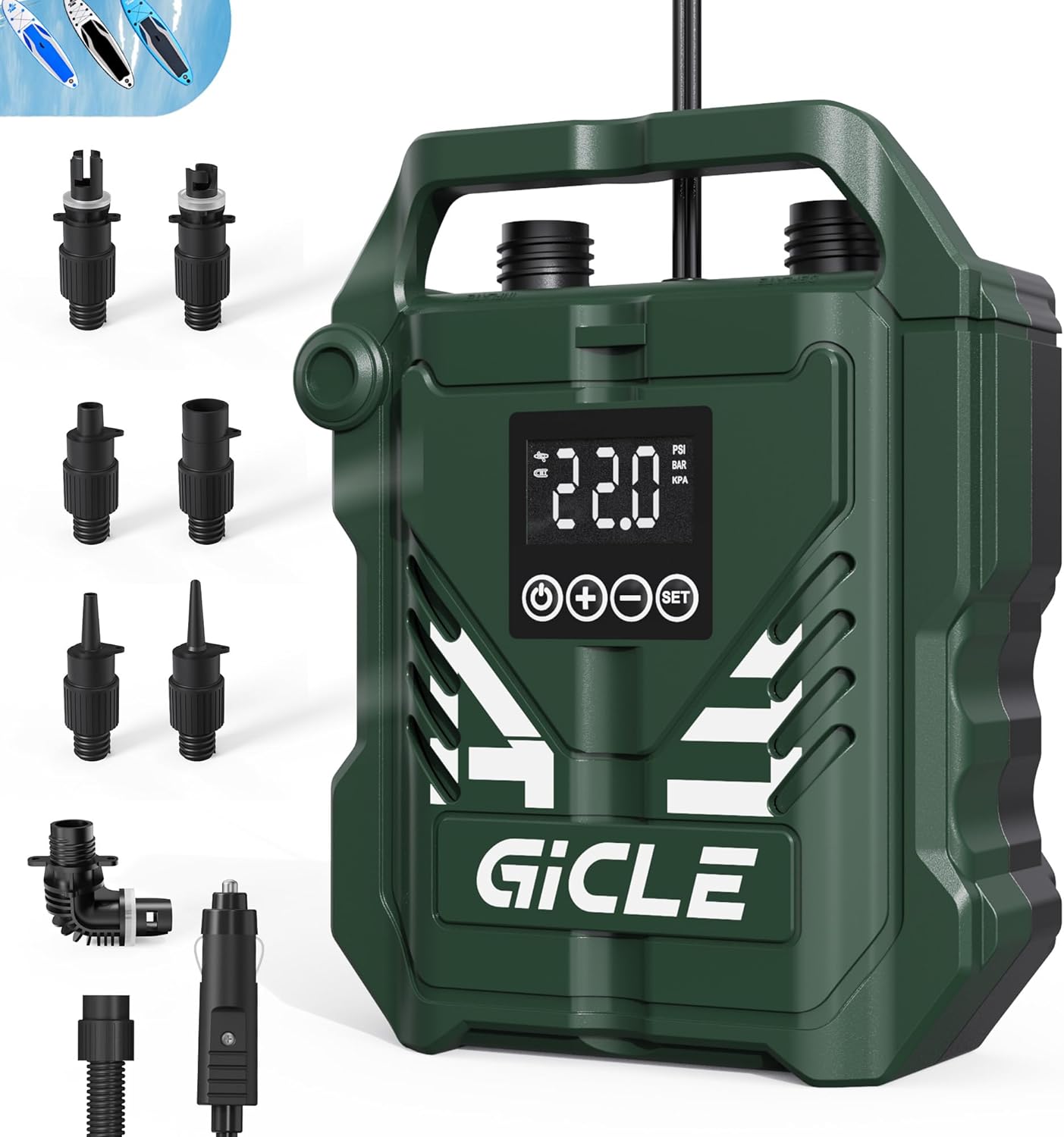 (Open Box) GICLE Paddle Board Pump Electric Portable with Dual Stage Inflation, High Pressure Air Pump for Paddleboard/Inflatable Bed/Mattress with 12V DC Car Connector and Portable Boat Accessories