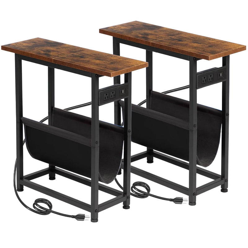 (New Open Box) Narrow Side Table Set of 2, Slim End Table with Charging Station with Magazine Holder (DS0032)
