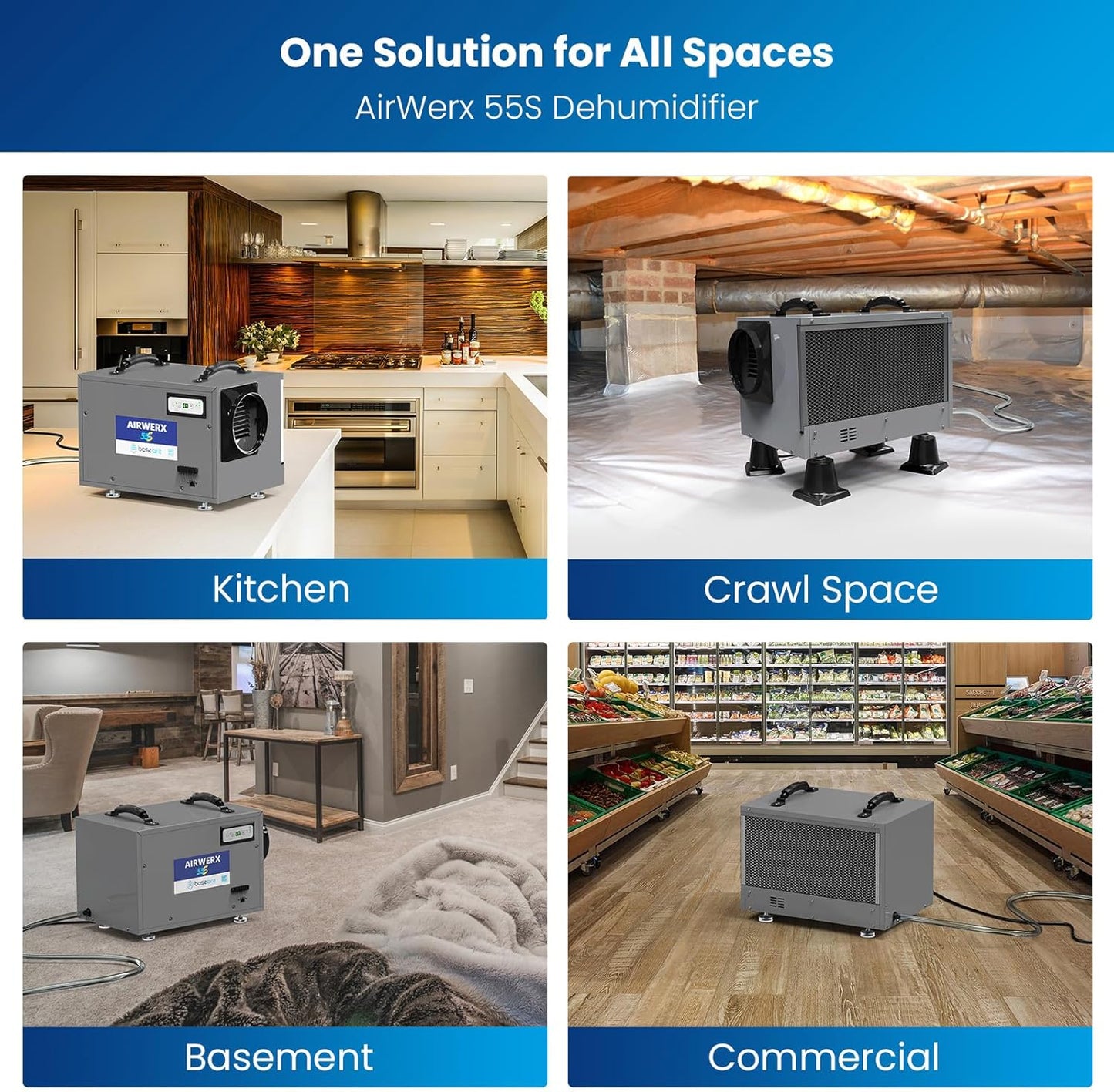 (New Open Box) BaseAire Crawlspace/Basement Dehumidifier, 120 Pints Commercial Dehumidifiers with Drain Hose, Intelligent Humidity Control, Auto Defrost,Energy Star, Portable, AirWerx55