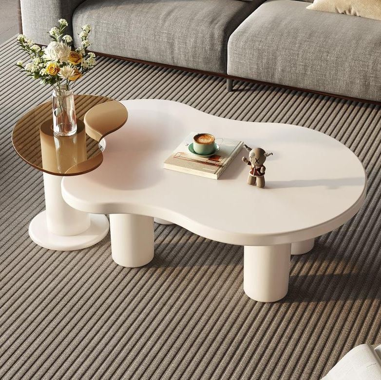 (New Open Box) Guyii Nesting Coffee Table Set of 2, Tempered Glass Side Table & Cloud Coffee Table (DS0039)