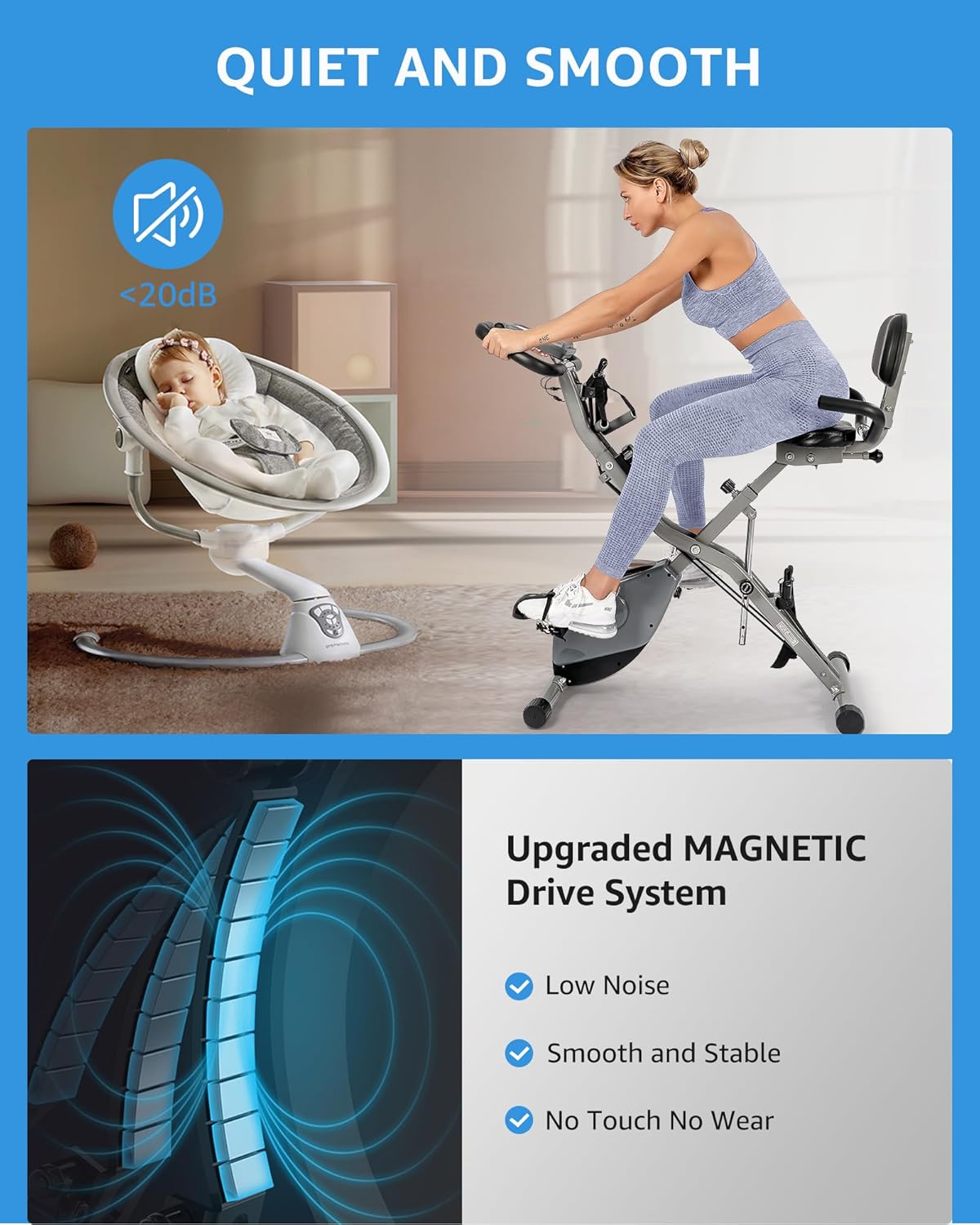 (Excellent) 5 IN 1 20dB Near-Silent Foldable Exercise Bike for Seniors, 16-Level Magnetic Resistance