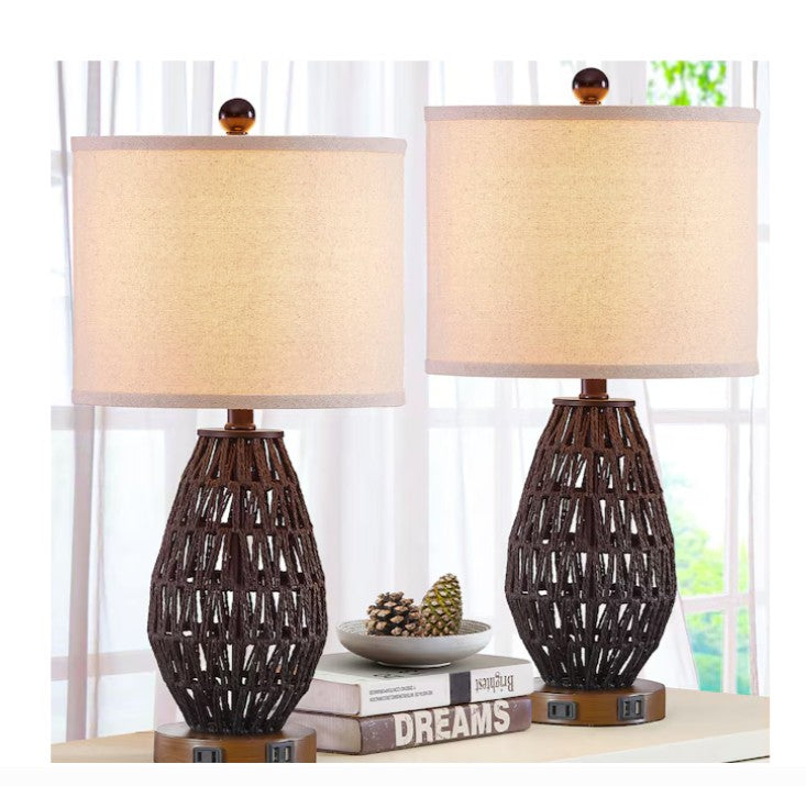 (New Open Box) Rattan Table Lamp Set | 22.8" Black LED Touch Lamps (TD-95)