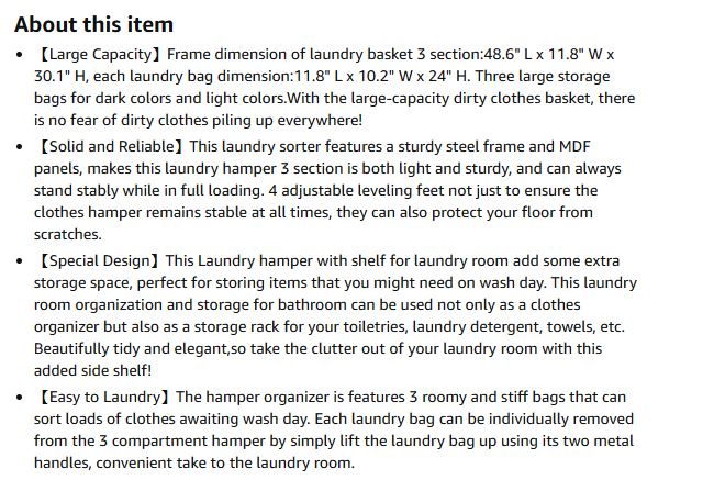 (New Open Box) LOAKEKEL Laundry Sorter 3 Section, Laundry Hamper with 3 Removable Bag, HLS030GG (DS0060)