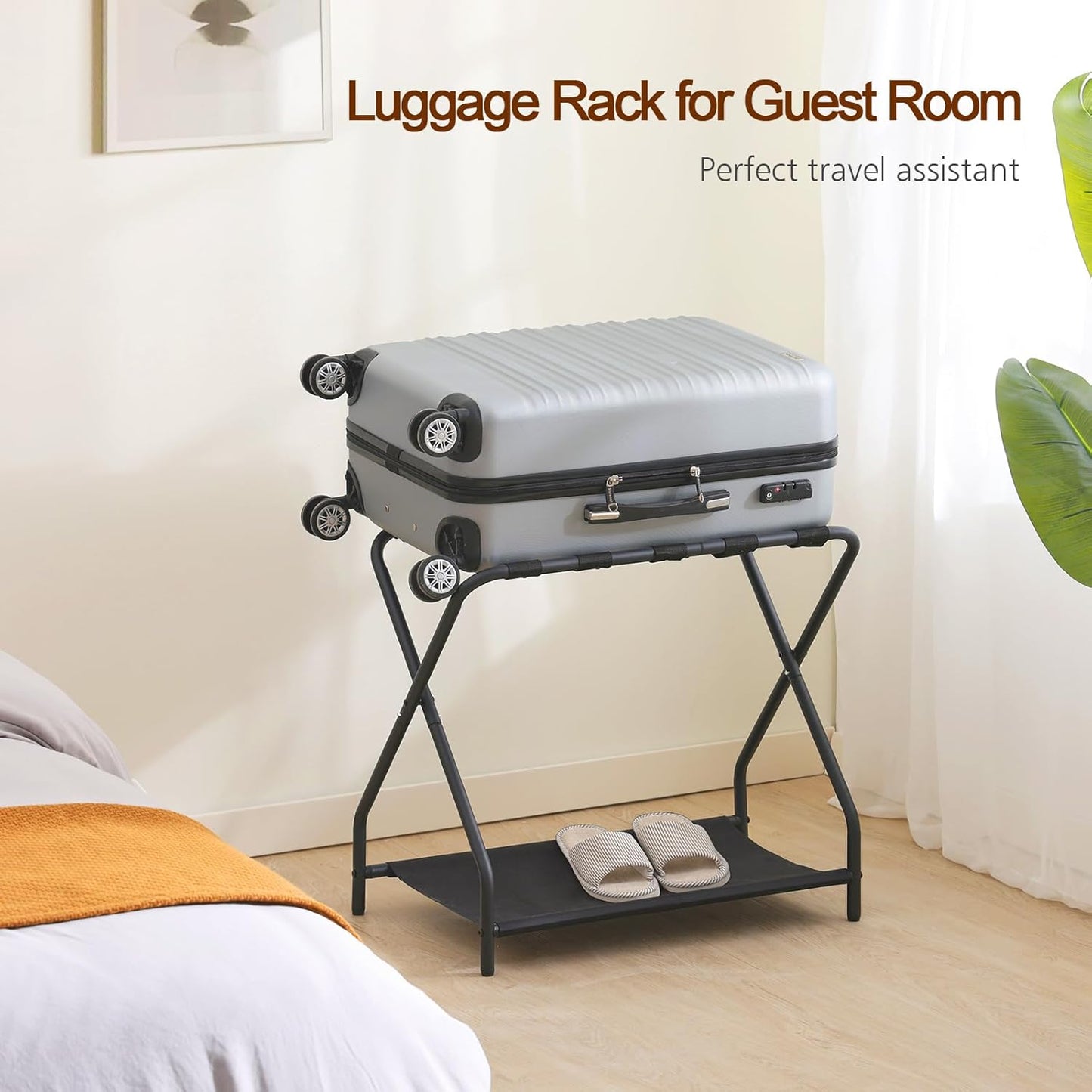 (New Open Box) AMHANCIBLE Luggage Rack, Set of 2, Foldable Suitcase Stands for Guest Room, Metal Luggage Holder with Storage Shelf for Bedroom, Hotel, Easy Assemble, Black HLR02BK