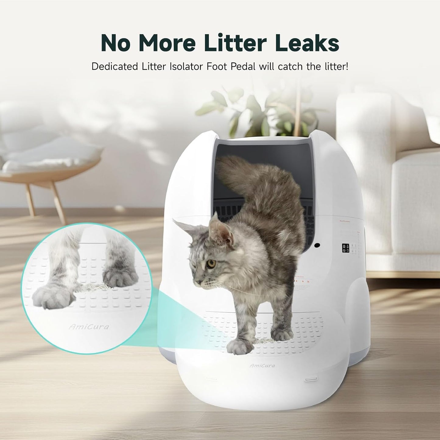 (New Open Box) Amicura Automatic Cat Litter Box, Self Cleaning, 360-Degree Detection Smart Anti-Pinch