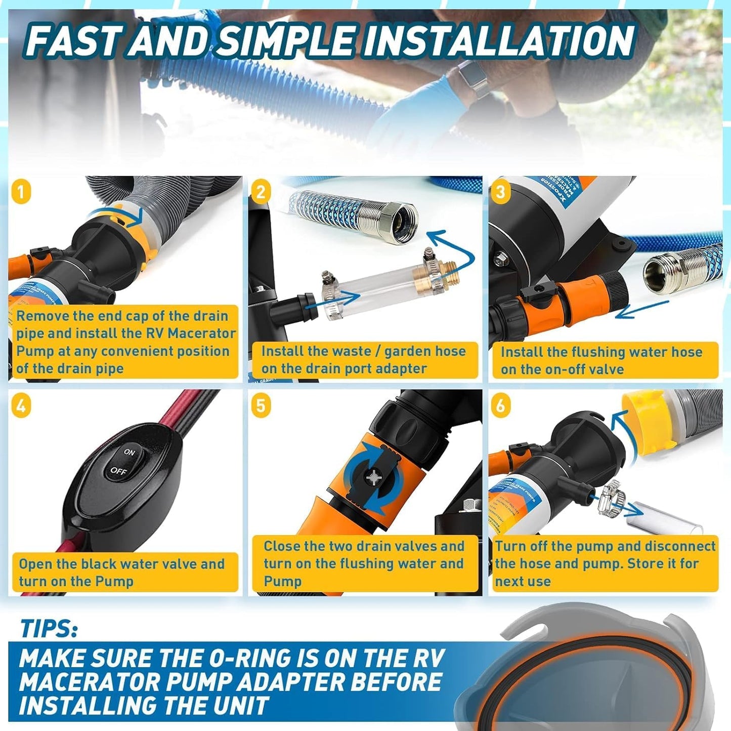 XPORTION 12V RV Macerator Pump, Portable RV Sewage Macerator Pump 45LPM,RV Sewer Pump for RV Waste Water Dumping, Macerator Pump for RV with All Fittings