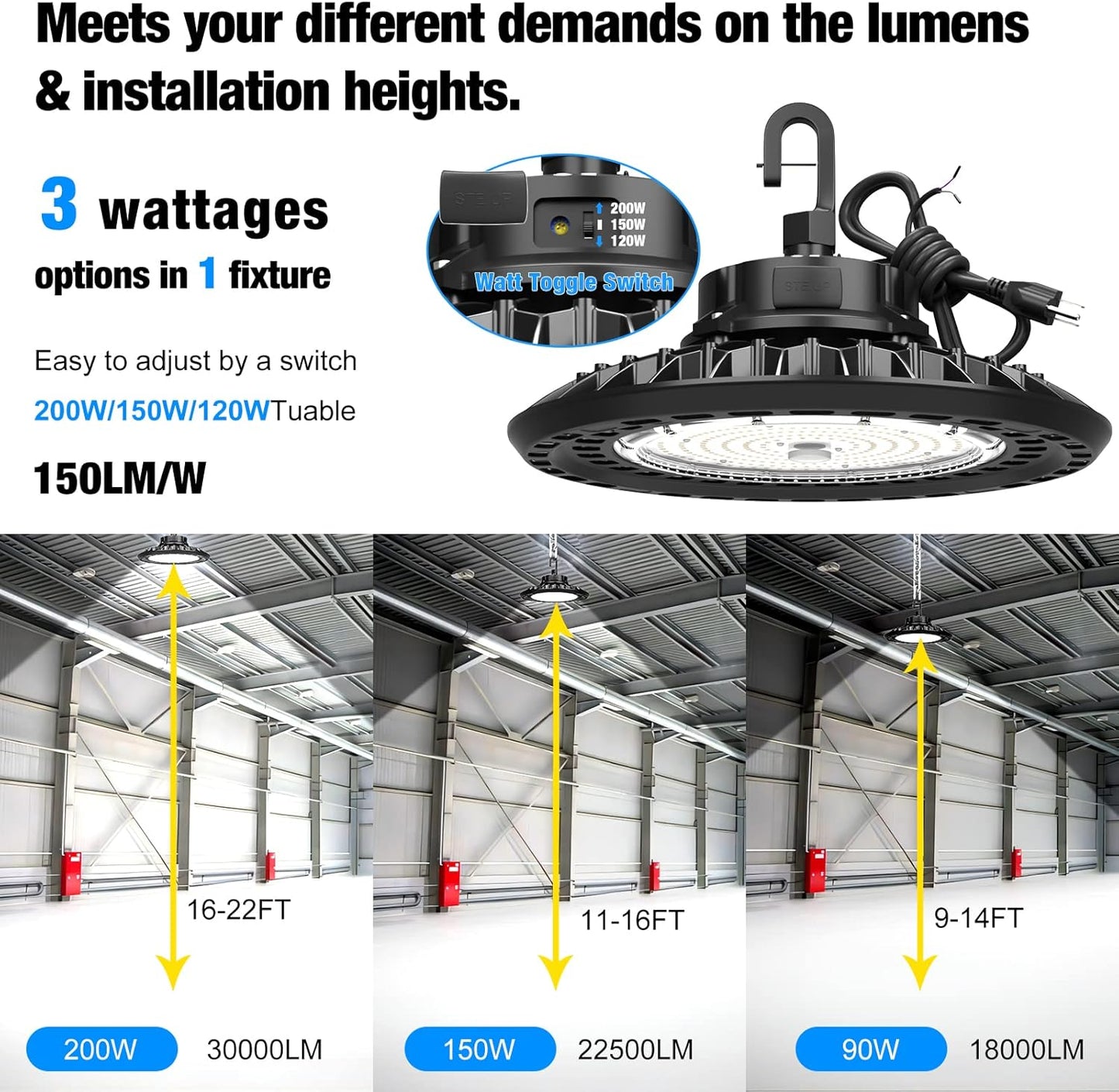 (New Open Box) 【Upgraded】LED High Bay Lights 3-Watts Adjustable 200W /150W /120W for Garage Barn Warehouse