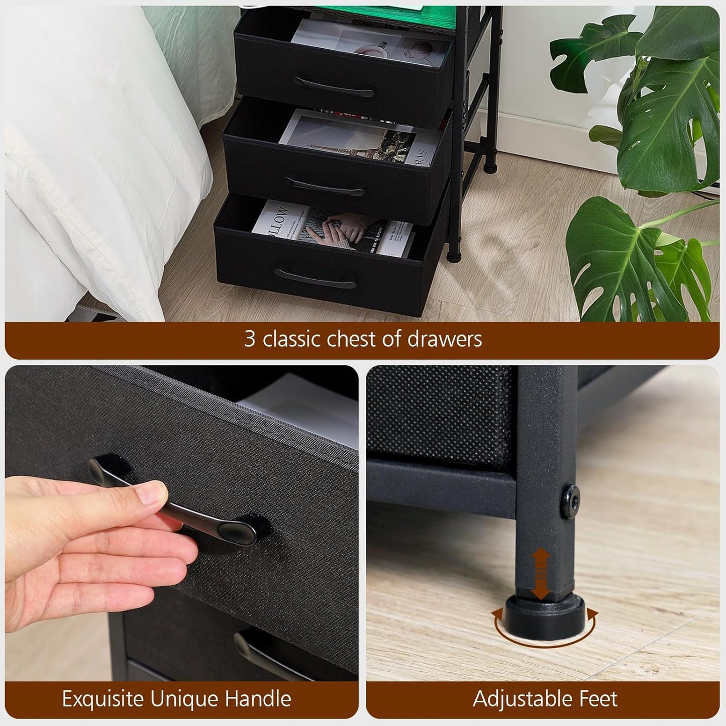 (New Open Box) LOAKEKEL End Table with 3 Drawers, Side Table with Storage Shelf, with USB Ports (HNS123DG-1)