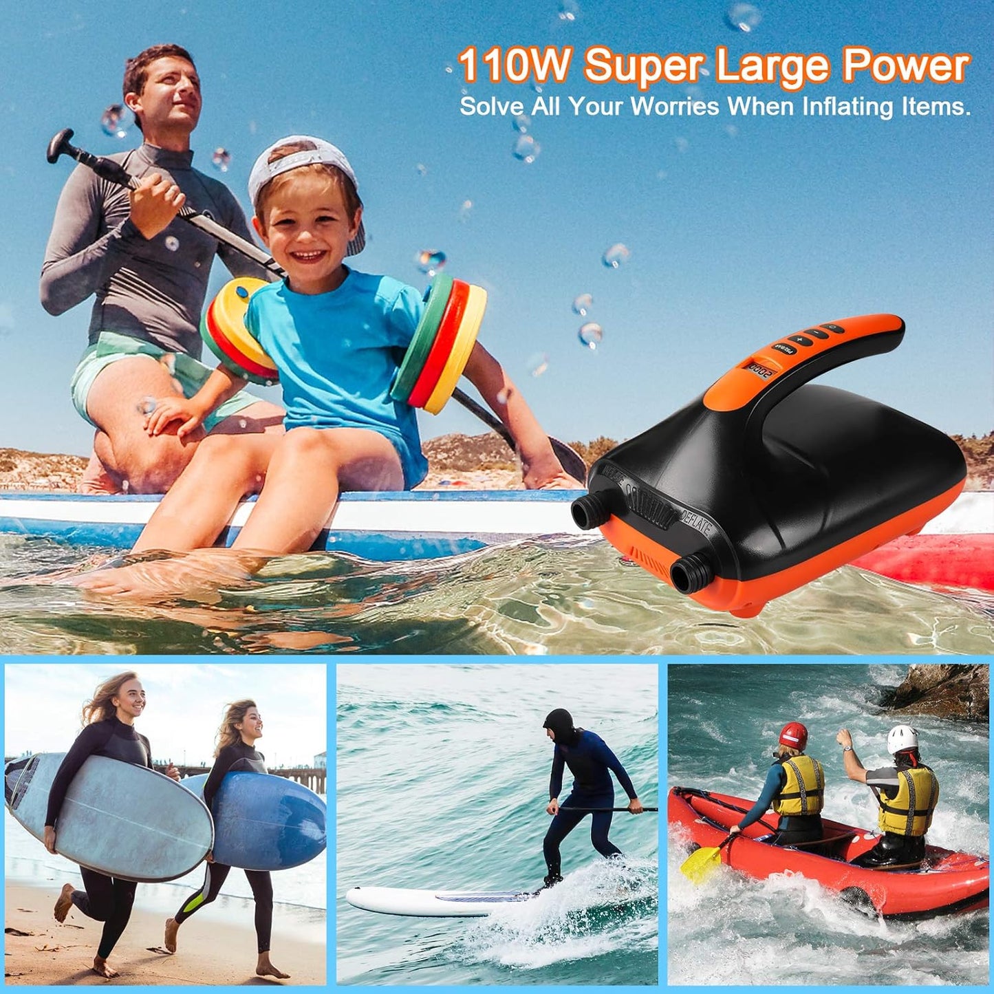 (open box) SUP Pump, Chefic 110W/ 12V SUP Electric Air Pump 20 PSI High Pressure, 2-in-1 Inflate & Deflator