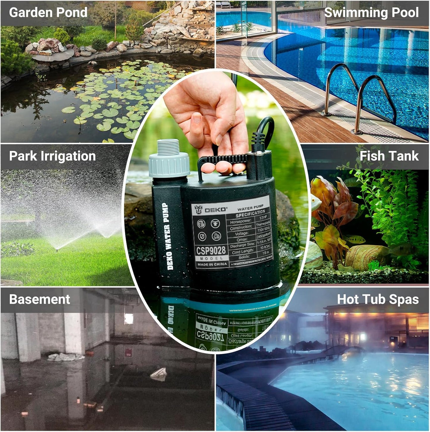 (open box) DEKOPRO Submersible Water Pump 1/3 HP 2450GPH Utility Pump Thermoplastic Electric Portable Pump