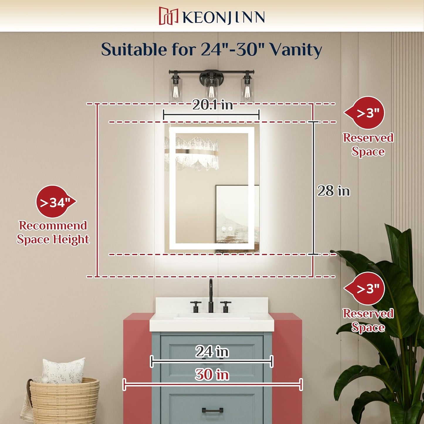 (New Open Box) Keonjinn LED Mirror for Bathroom 20 x 28 Inch, Frontlit & Backlit Bathroom Vanity Mirror