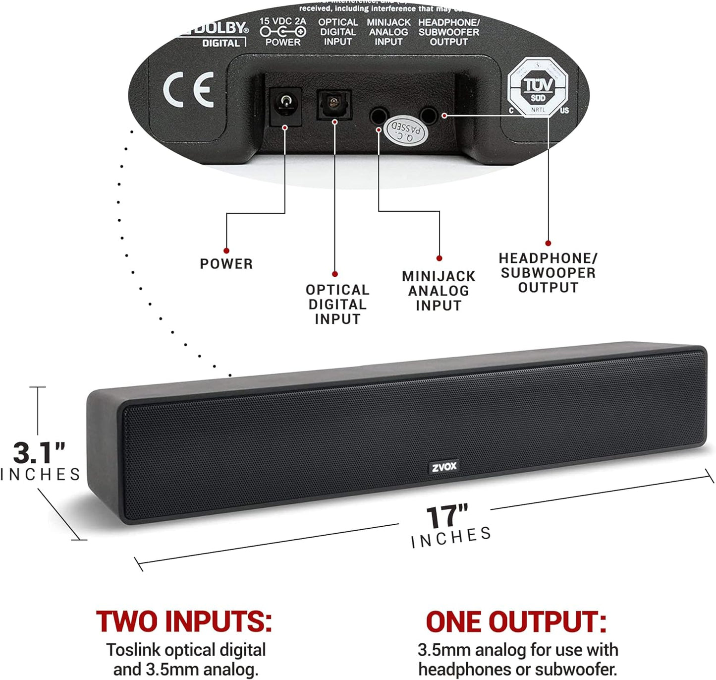 ZVOX Dialogue Clarifying Sound Bar with Patented Hearing Technology - AccuVoice TV Sound Bar with Twelve Levels of Voice Boost - Home Theater Audio TV Speakers Soundbar - AV157 Black