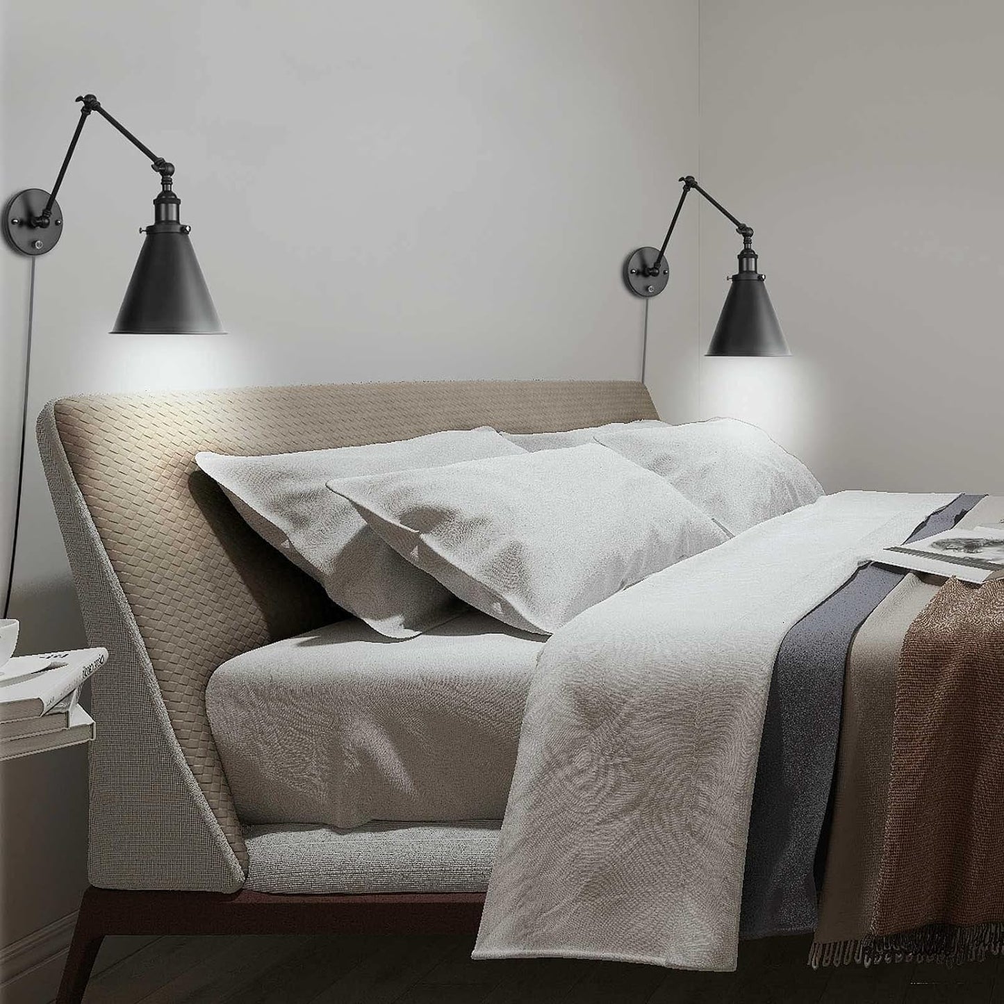 Industrial Wall Lamp Light Black Paint Finish Plug in Adjustable Arms with On/Off Switch for Bedroom Wall Sconce Fixture Metal Plug-in Wall Lamp (2-Lights)