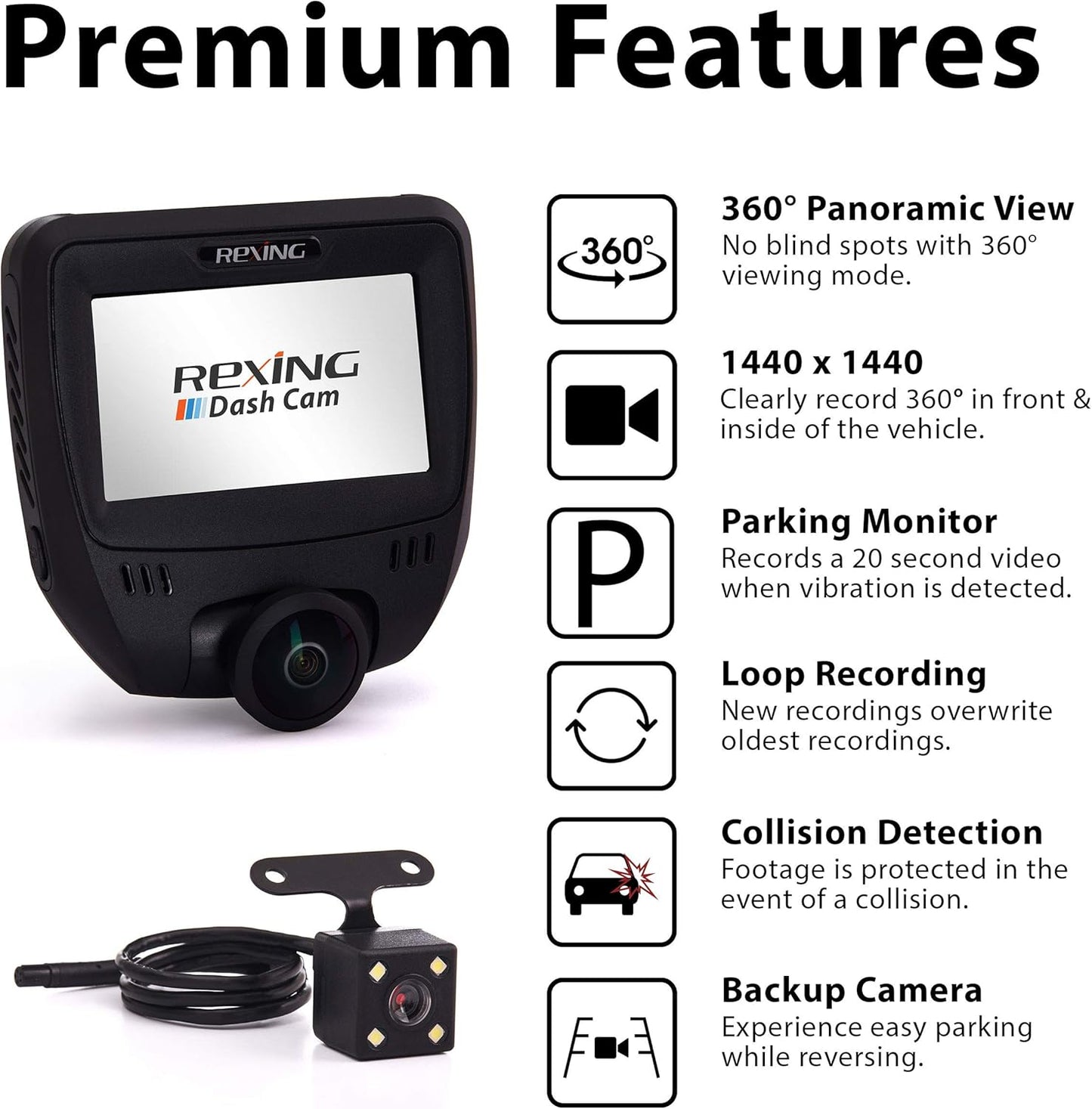 REXING V360 360 Degree Wide Angle Dual Channel Dashboard Camera Recorder Car Dash Cam with Rear Camera, G-Sensor, WDR, Loop Recording