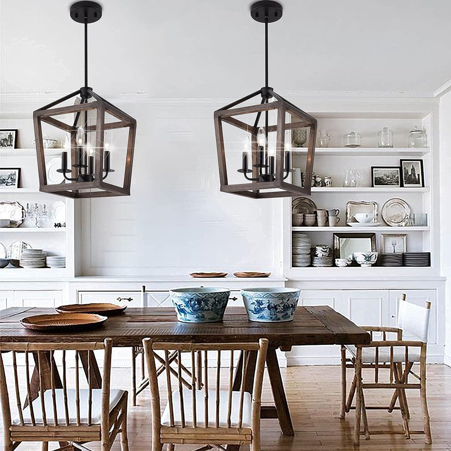 MOOK 4-bulb Chandelier Rustic Metal Pendant Light, Adjustable Height with Wood Finish