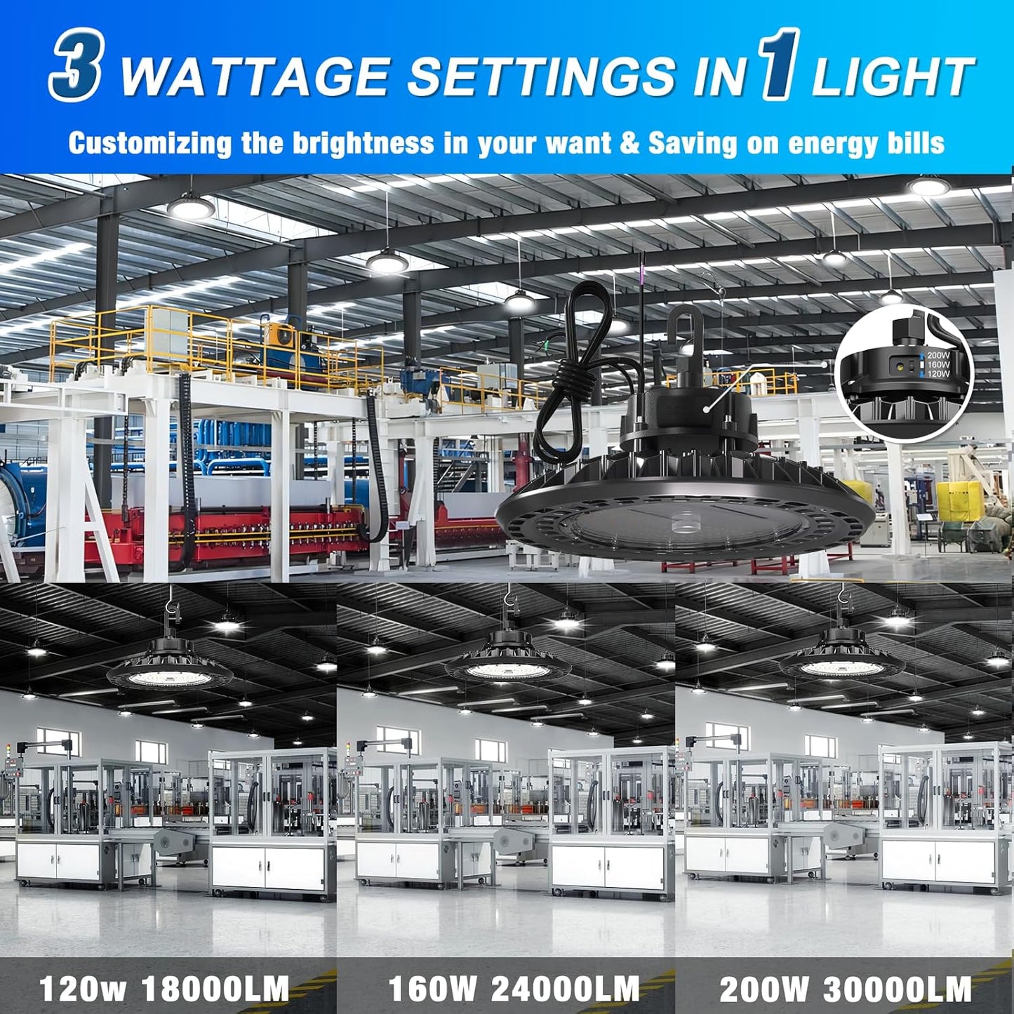 (New Open Box) 【Upgraded】LED High Bay Lights 3-Watts Adjustable 200W /150W /120W for Garage Barn Warehouse