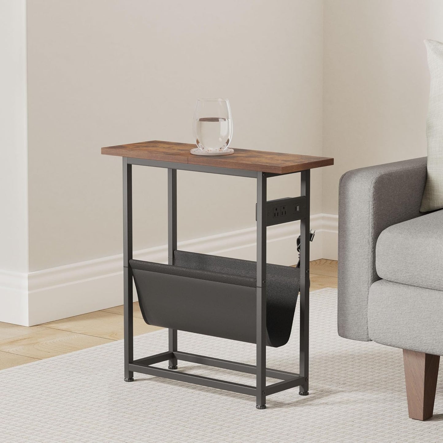 (New Open Box) Narrow Side Table Set of 2, Slim End Table with Charging Station with Magazine Holder (DS0032)