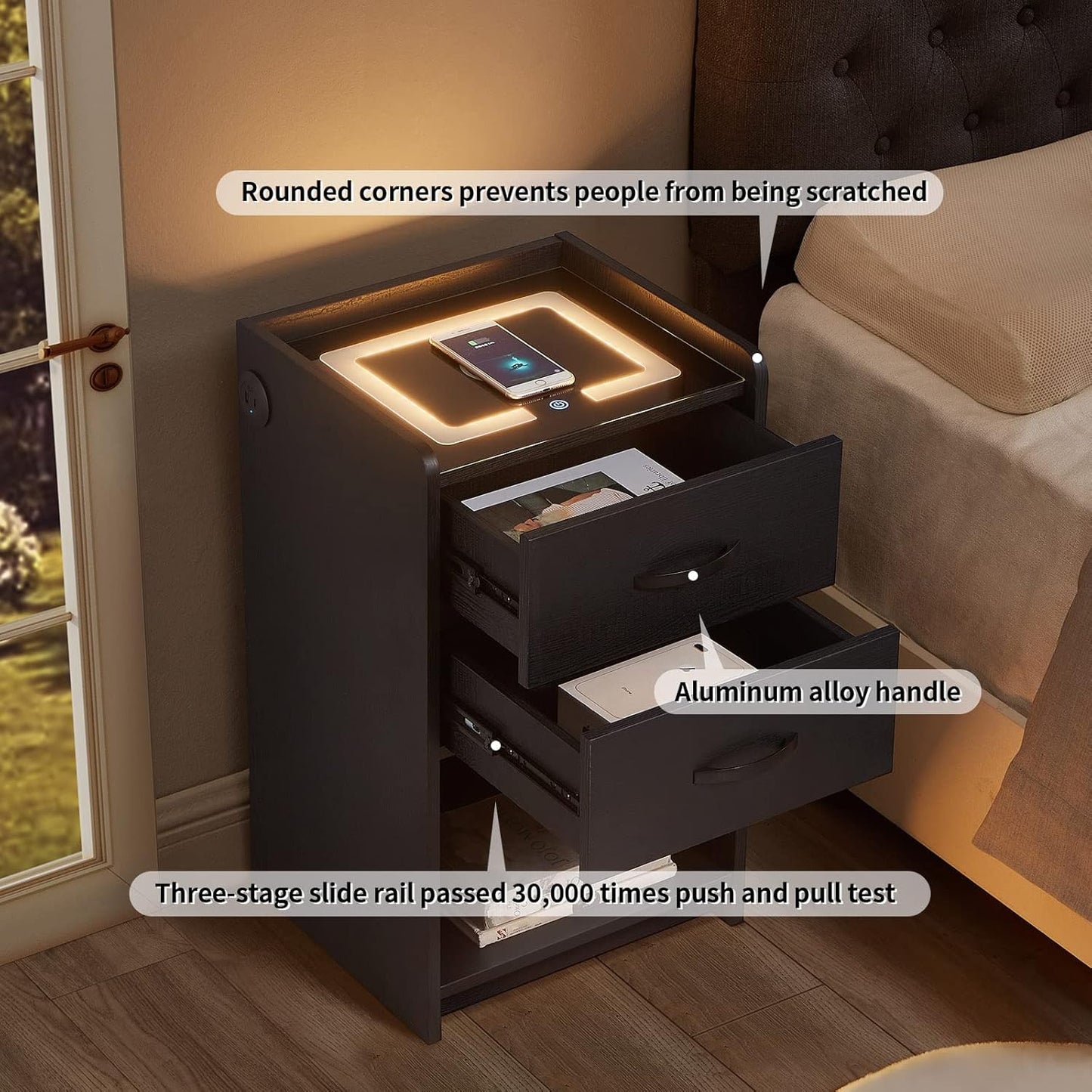 (Brand New) OLD CAPTAIN Nightstand with Wireless Charging Station,Modern Side Table with Drawers and Open Storage Shelf for Bedrooms