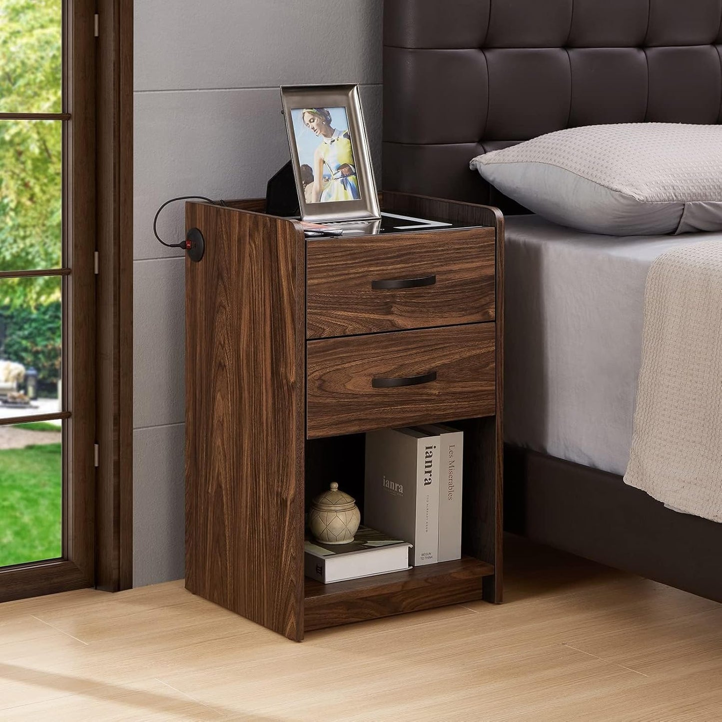 (Brand New) OLD CAPTAIN Nightstand with Wireless Charging Station,Modern Side Table with Drawers and Open Storage Shelf for Bedrooms