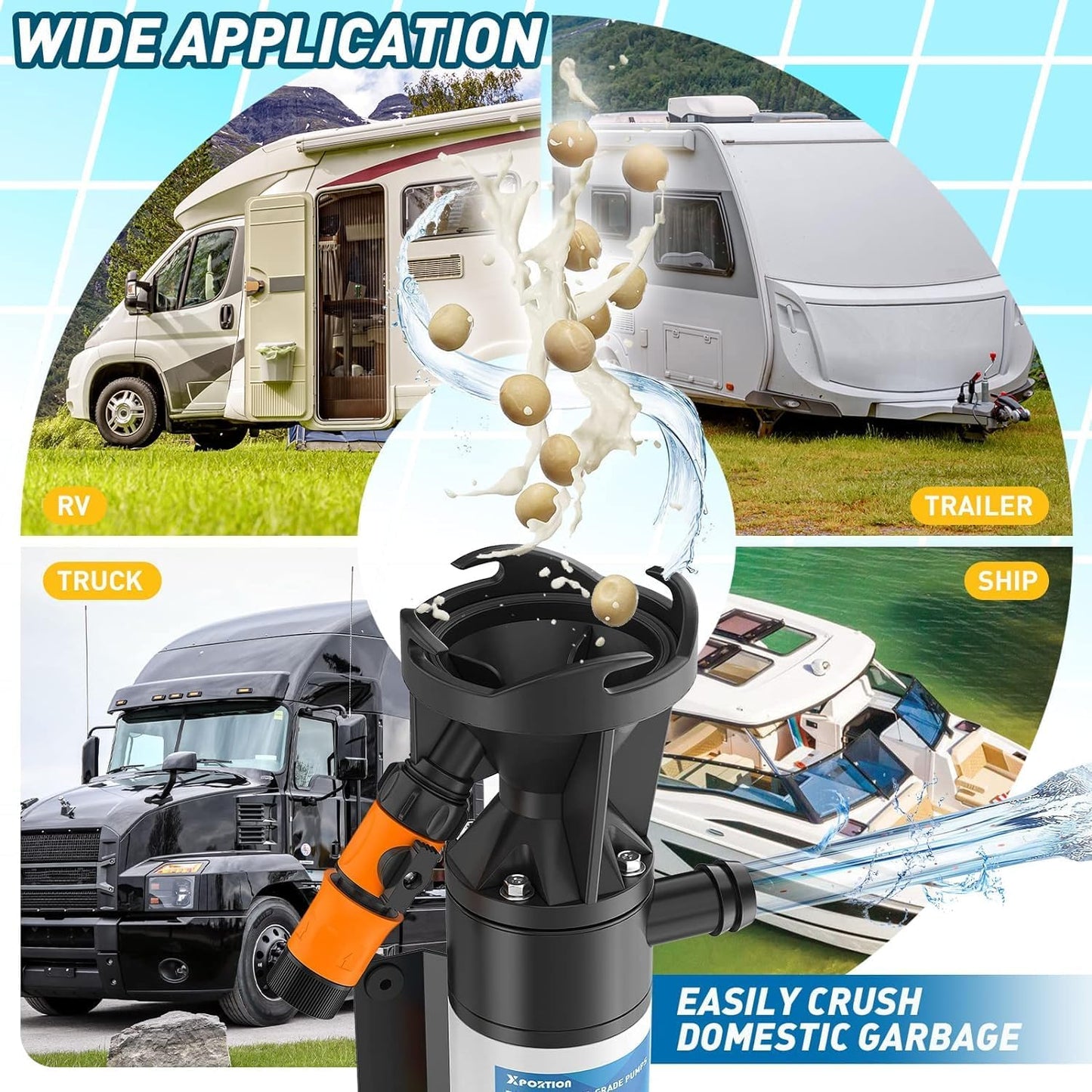 XPORTION 12V RV Macerator Pump, Portable RV Sewage Macerator Pump 45LPM,RV Sewer Pump for RV Waste Water Dumping, Macerator Pump for RV with All Fittings