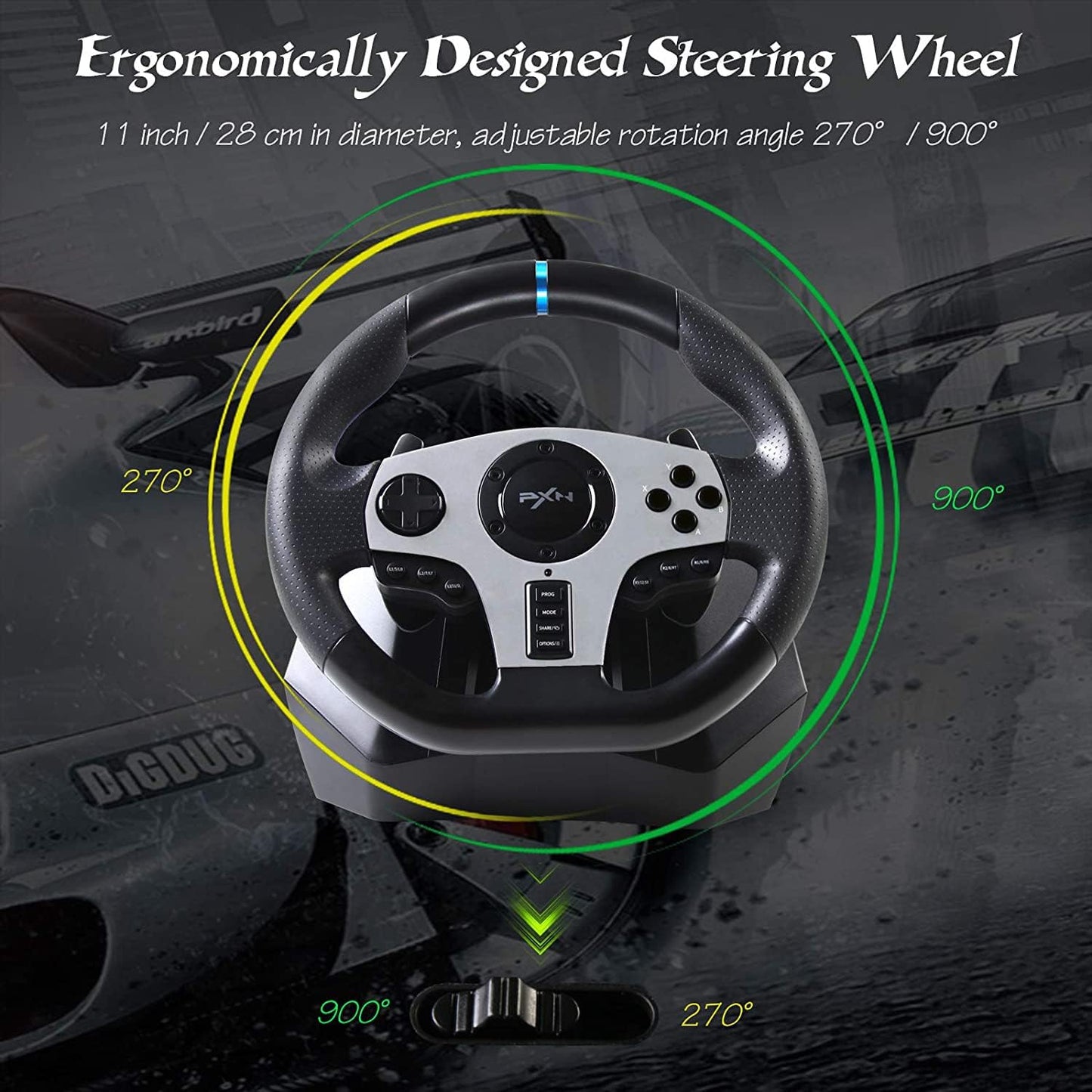 (Excellent) PXN V9 PC Game Racing Wheels, 270°/900° Steering Wheel Gaming, USB, Black, 15 Buttons,
