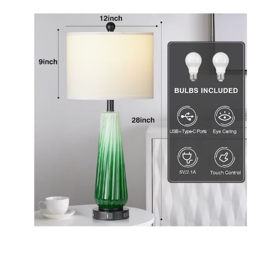 (Brand New) 27.5-in Green LED Table Lamp Set of 2 | Rotary Socket • Linen Shade | TD-257
