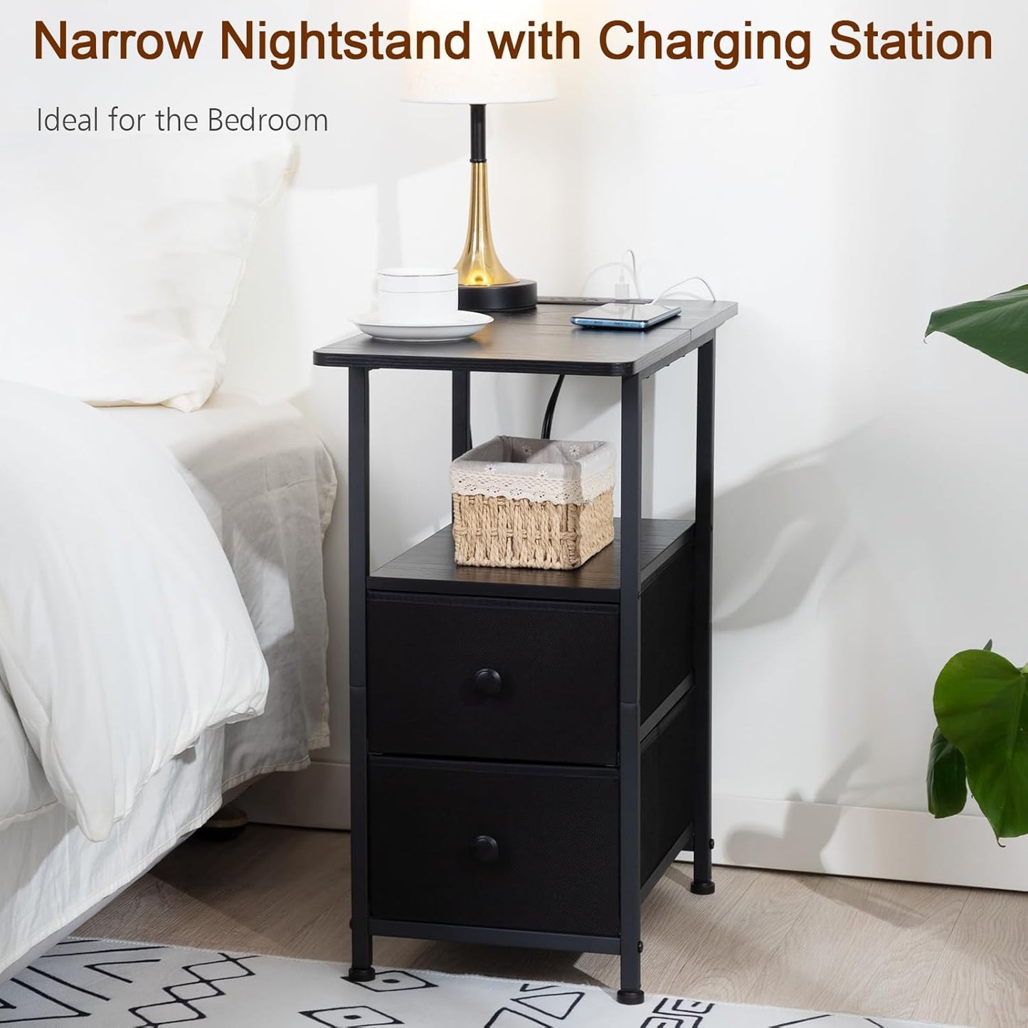 (New Open Box) AMHANCIBLE Narrow Nightstand with Charging Station, Slim End Side Table with USB Ports, HETN012BK-1