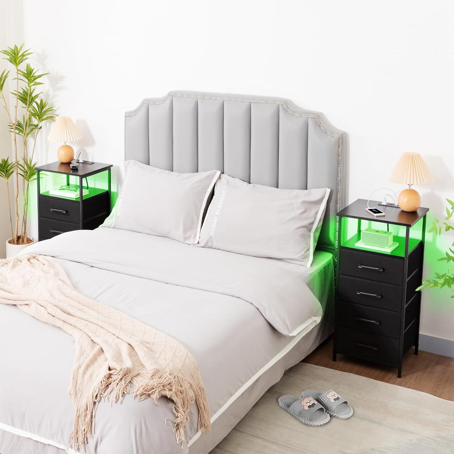 (New Open Box) LOAKEKEL Night Stand Set 2, LED Nightstand with Charging Station, HNS014BK (DS0061)