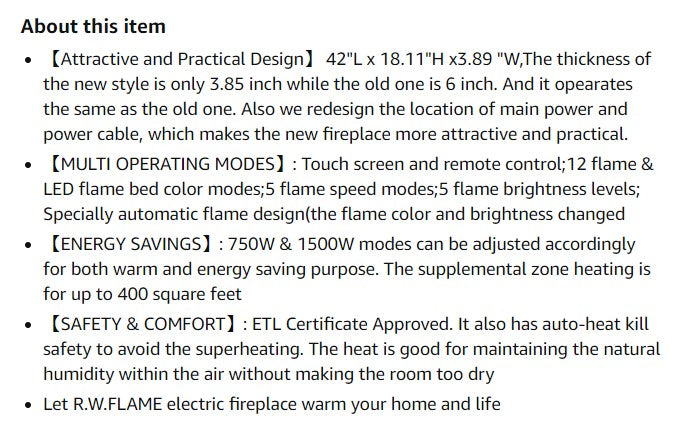(New Open Box) R.W.FLAME 42 inch Recessed and Wall Mounted, The Thinnest Fireplace, Low Noise