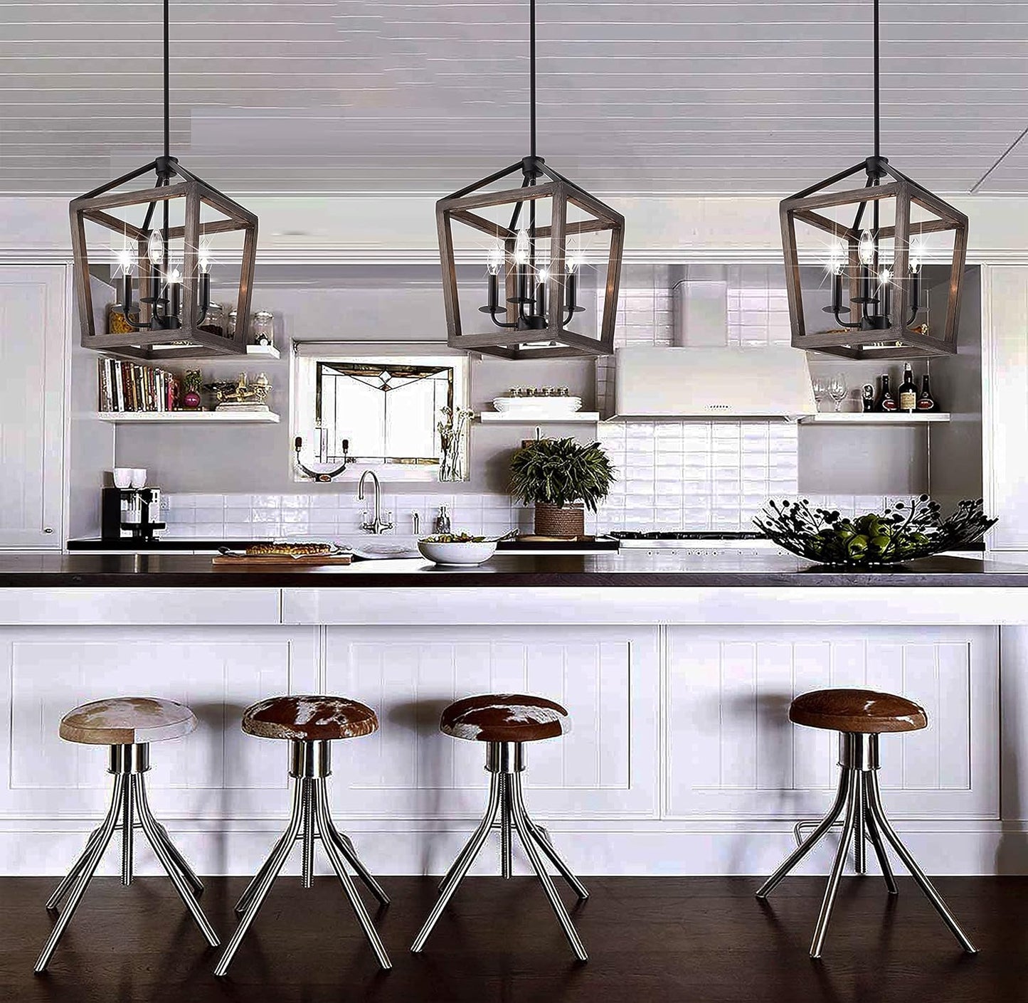 MOOK 4-bulb Chandelier Rustic Metal Pendant Light, Adjustable Height with Wood Finish