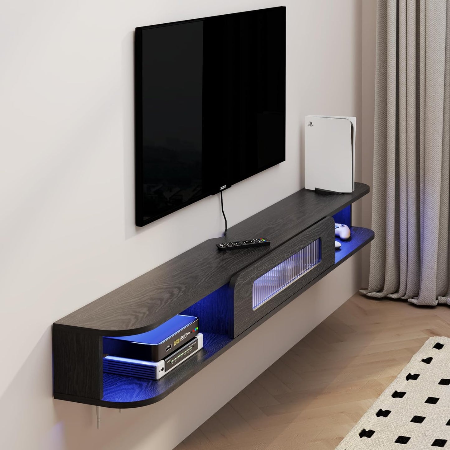 (New Open Box) Bixiaomei Floating TV Stand with LED Lights, 47'' Solid Wood Wall Mounted TV Cabinet with Glass Door, Mid-Century Entertainment Media Console Center Large Storage Shelf Under TV (47.24IN, Black)