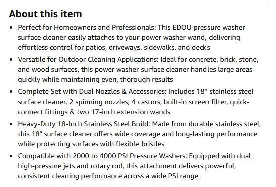 (New Open Box) EDOU 18 inch Pressure Washer Surface Cleaner - Stainless Steel Power Washer - 4,000 PSI Max