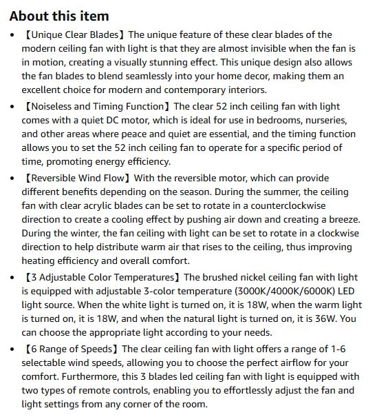 (New Open Box) OKELI 52 Inch Ceiling Fan with Light, Clear Ceiling Fans with Light and Remote 3 Reversible Blade