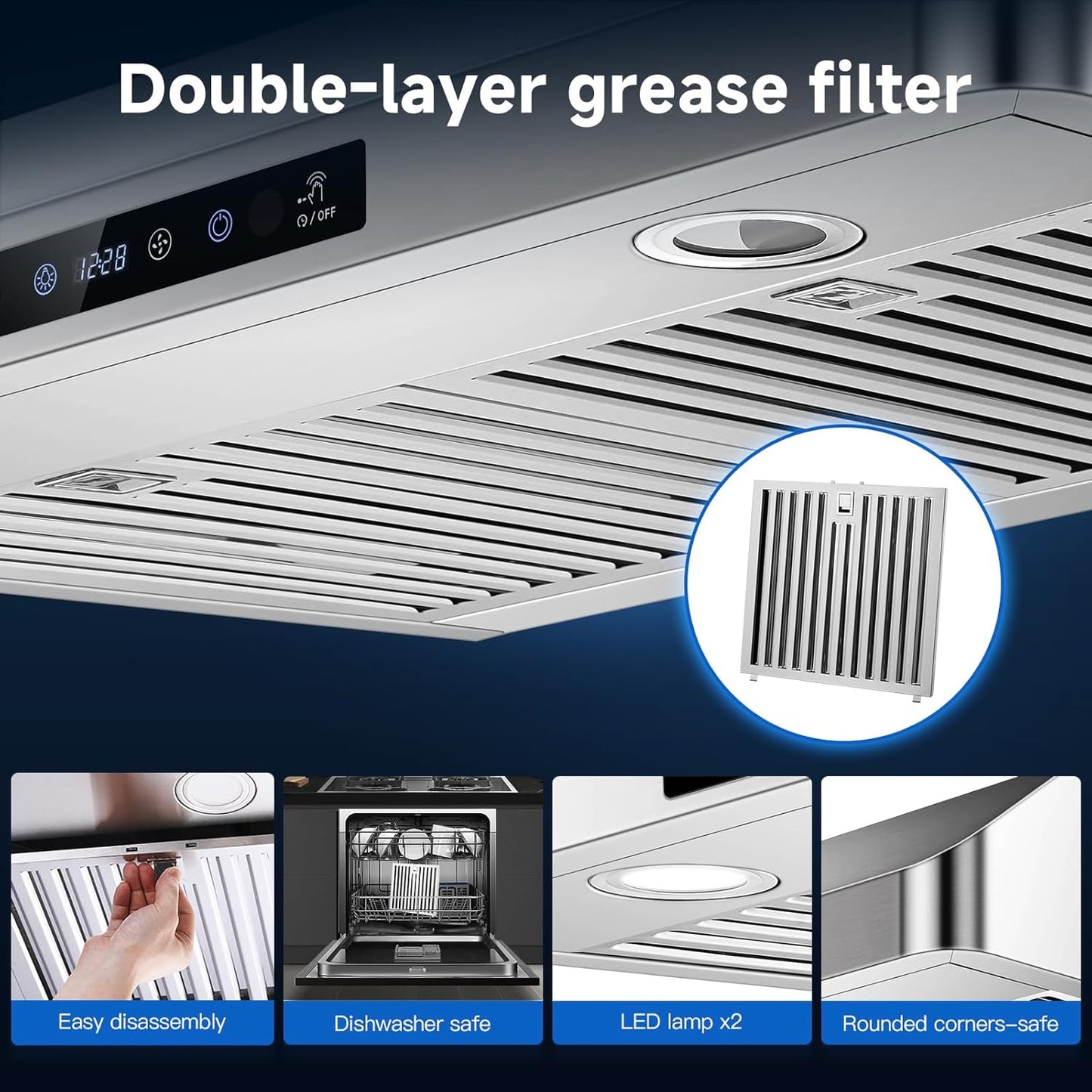 (New Open Box) AMZCHEF (LF0176C1) Under Cabinet Range Hood 30 Inch, 700CFM Stainless Steel Kitchen Stove Vent Hood 3 Speed Exhaust Fan Touch/Remote Control LED lights Time Setting Dishwasher-Safe Baffle Filters