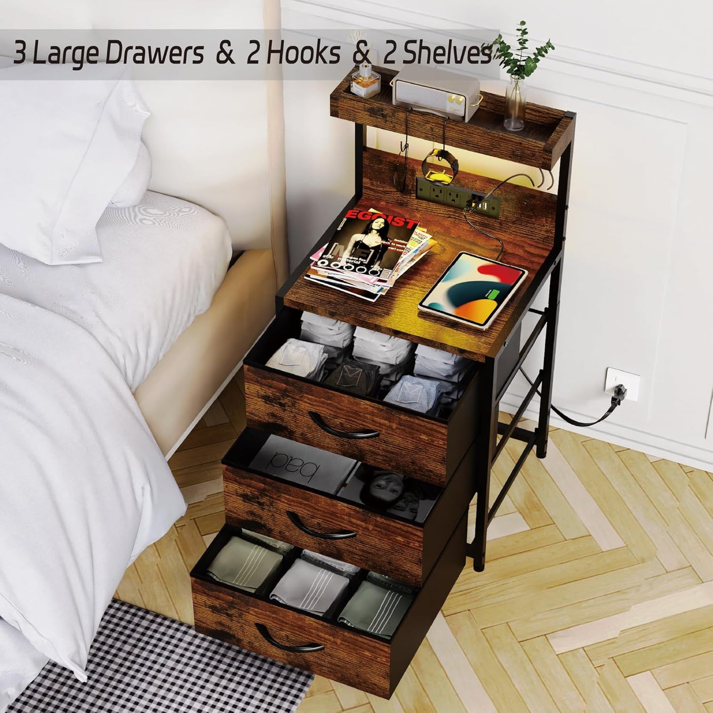 (New Open Box) SZLHANJZ Nightstands Set of 2, End Table with LED Light and Charging Station Type,  , Rustic Brown