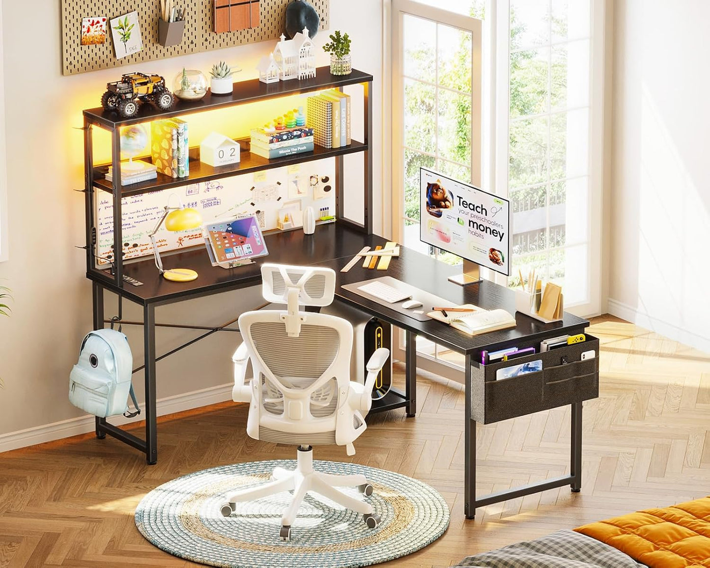 (New Open Box) AODK L Shaped Desk Gaming Desk with LED Light & Power Outlet, 53 Inch Reversible L Shaped Computer Table with Shelf & Storage Bag & Hook for Home Office, Black