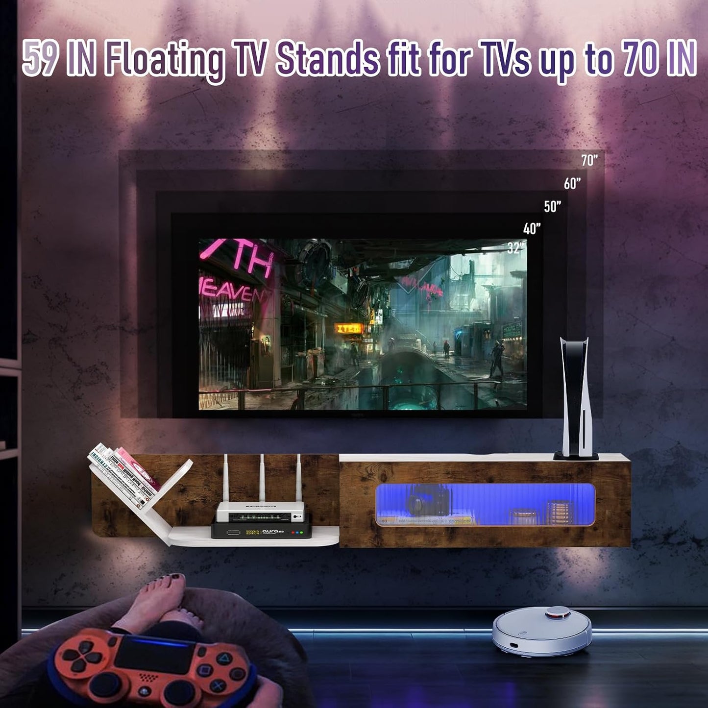 (New Open Box) Pmnianhua Rustic Floating TV Stand with LED Lights,59'' Wall Mounted TV Cosole,Under TV Shelf,Floating Entertainment Center with Glass Door and Storage for Projector,Bedroom Playroom