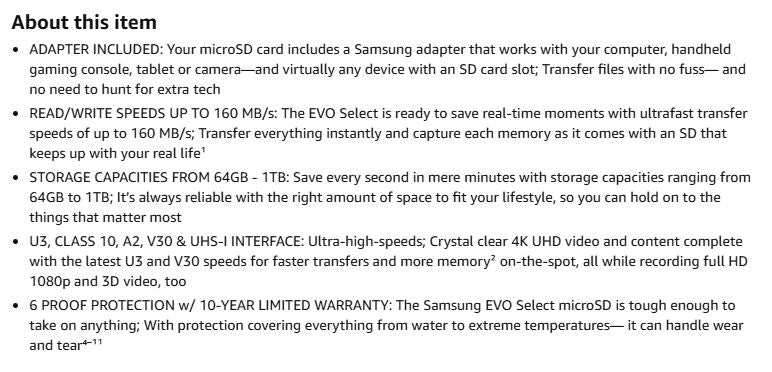 (Brand New) SAMSUNG EVO Select microSD Memory Card + Adapter, 1TB microSDXC, Up to 160 MB/s, UHS