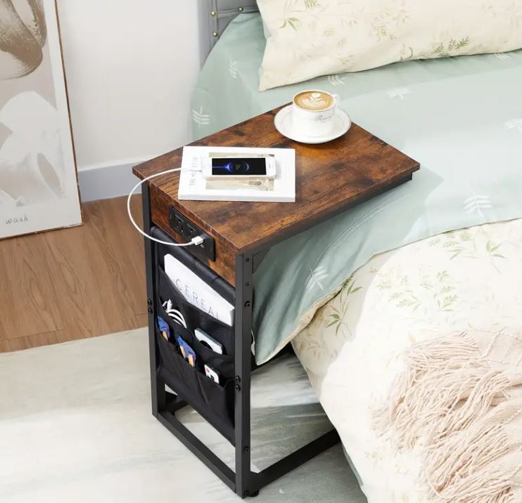 (New Open Box) 2pcs C-Shaped End Table, Sofa Small Side Table with Charging Station, (DS0020)