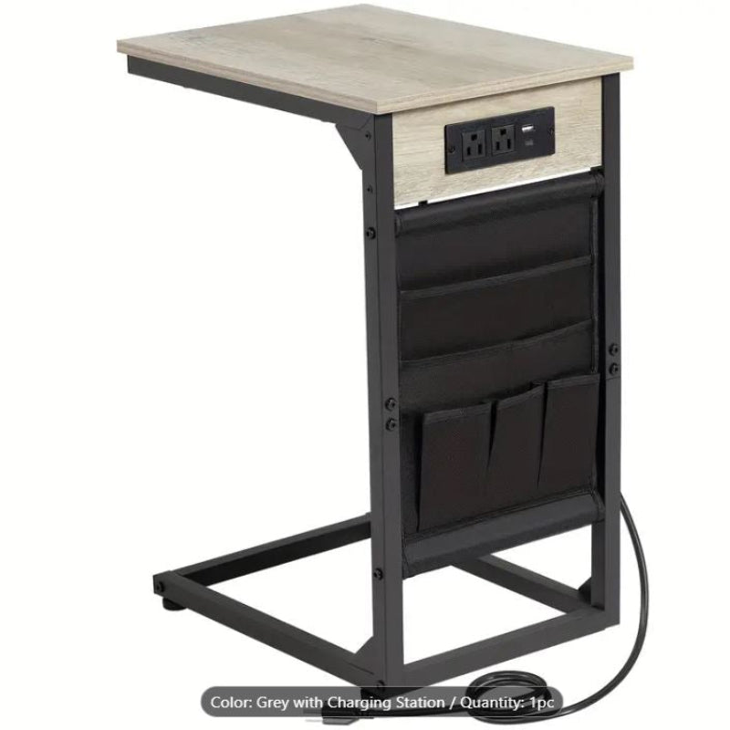 (New Open Box) 1 pc Gray C-Shaped End Table, Sofa Small Side Table ( with Charging Station) - DS0023