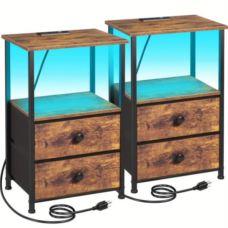 (New Open Box) 2pcs Night Stand, Bedside Table Featuring a Charging Station, (DS0024)