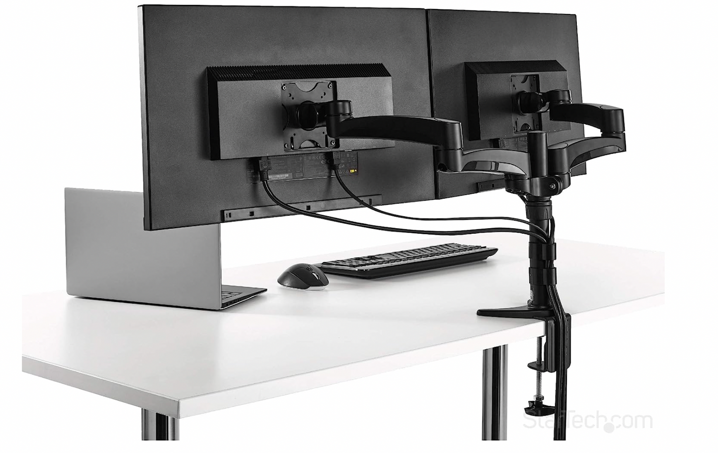 (New Open Box) StarTech Desk Mount Dual Monitor Arm – Articulating - Supports Monitors 12'' to 24'' – Adjustable VESA Monitor Arm - Grommet or Desk Mount – Black (ARMDUAL)
