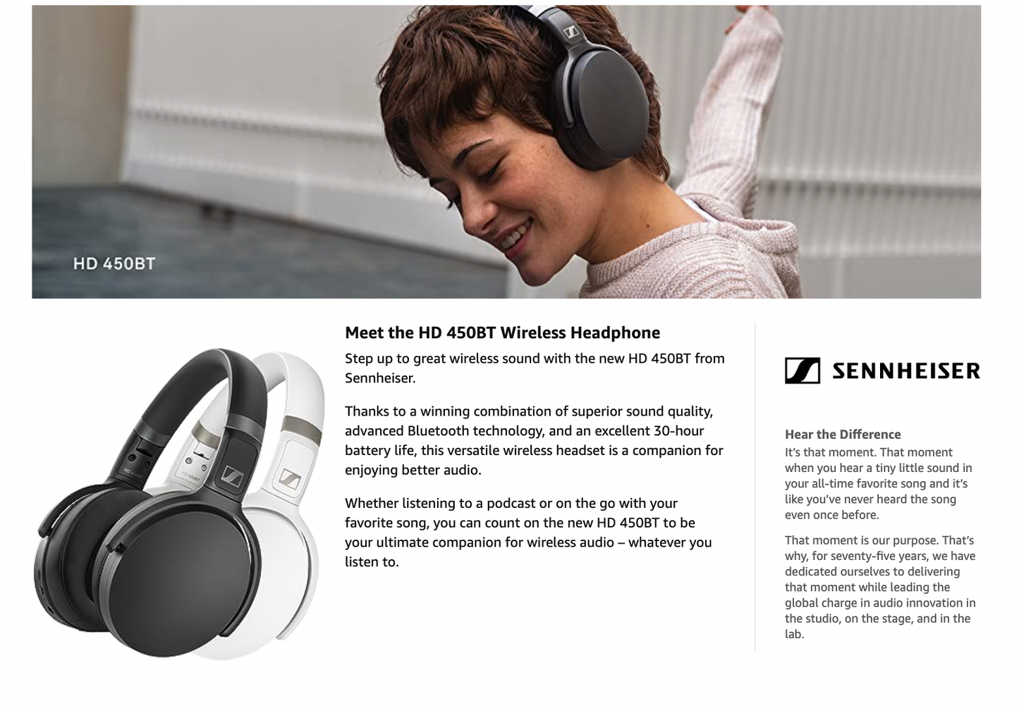 Used (Excellent) SENNHEISER HD 450BT Bluetooth 5.0 Wireless Headphone with Active Noise Cancellation - 30-Hour Battery Life, USB-C Fast Charging, Virtual Assistant Button, Foldable - White