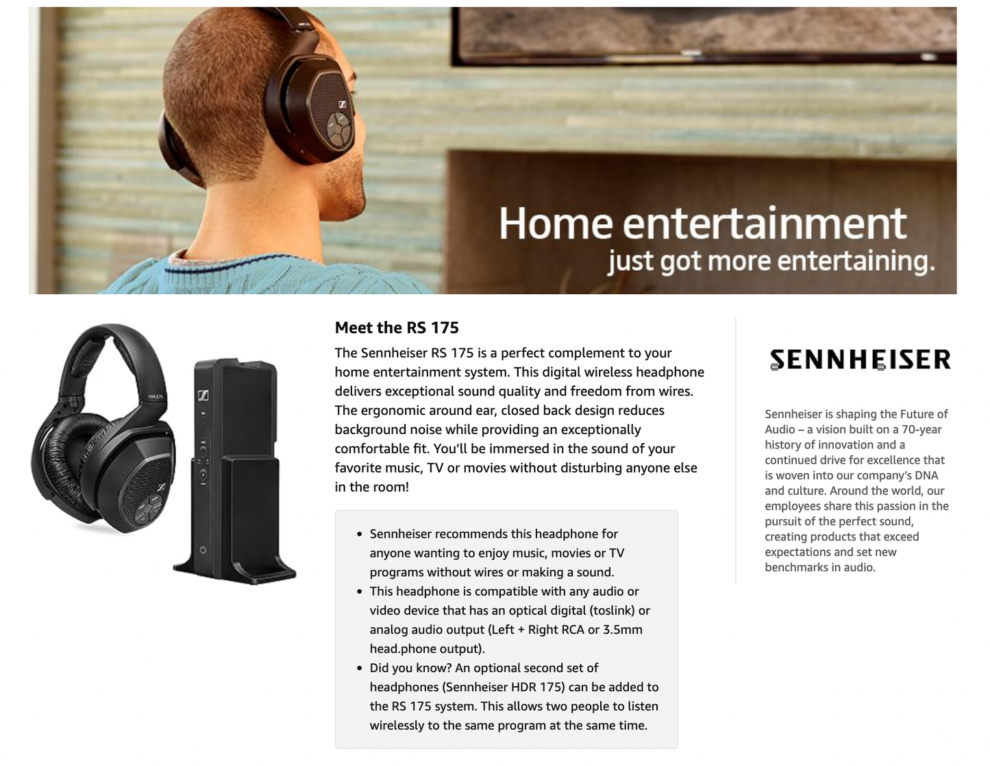 Used (Excellent) Sennheiser RS 175 RF Wireless Headphone System for TV Listening with Bass Boost and Surround Sound Modes