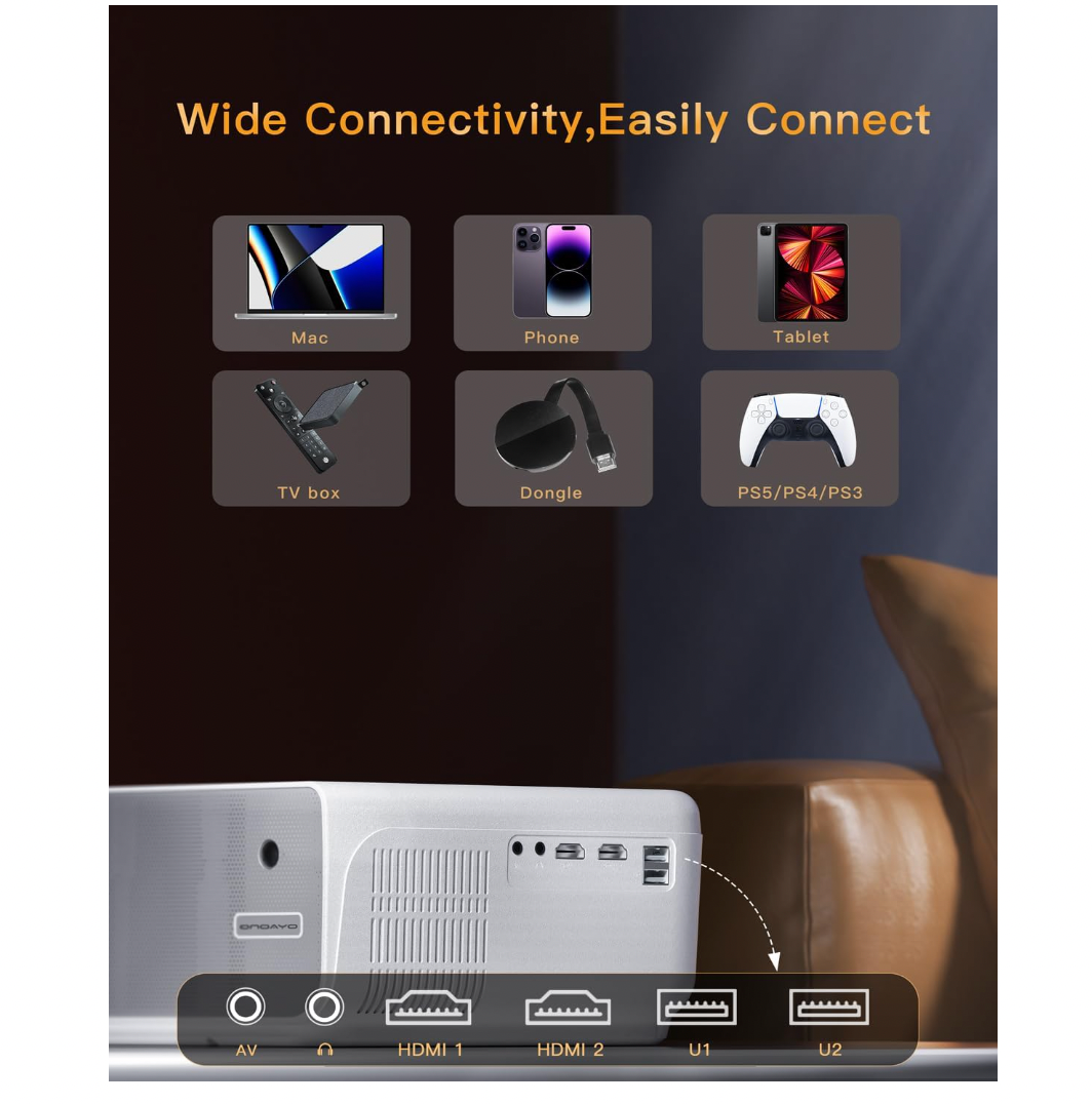 (New Open Box) Projector Outdoor Projector 4K Supported, 600ANSI 20000 LUMENS, ONOAYO 1080P Movie Projector for Outdoor Use with WiFi Bluetooth, Compatible with iOS/Android/PC/PS4/TV Stick/HDMI/USB